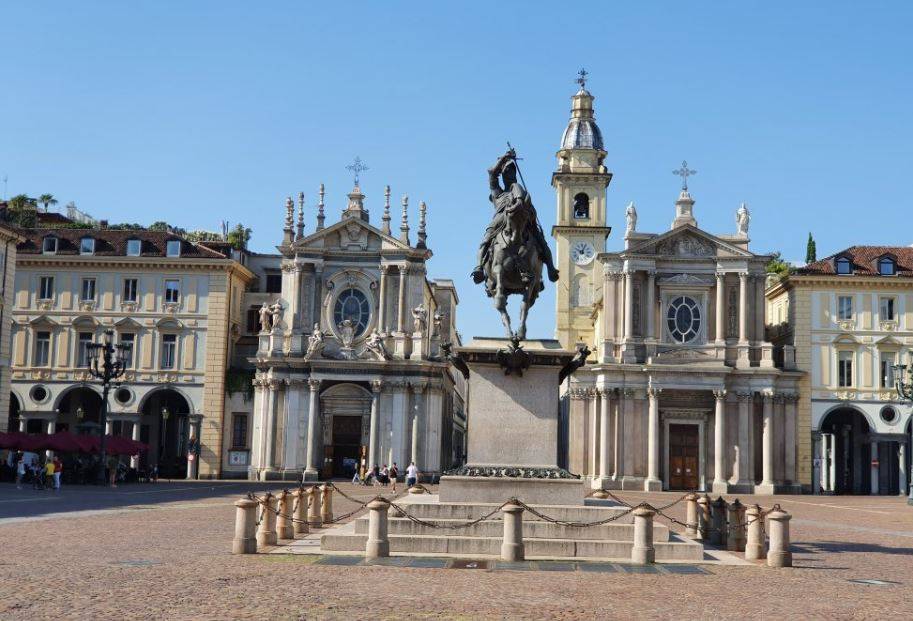 The two twin churches and the equestrian statue in Piazza San Carlo Turin