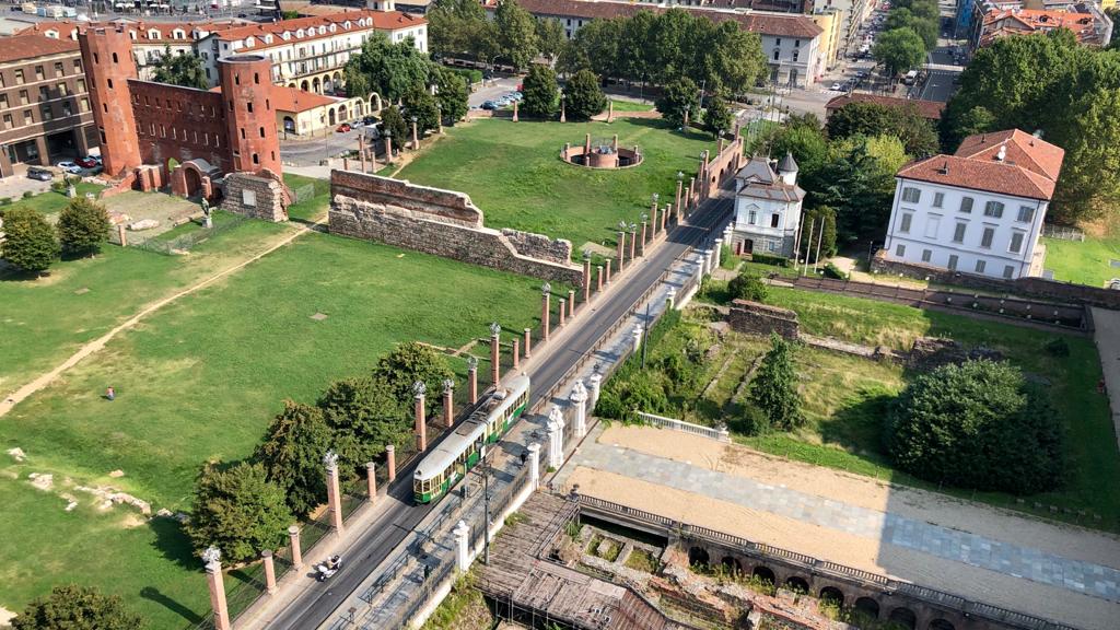The Roman ruins of Porta Palatina in Turin viewed from the top of the Duomo of Turin
