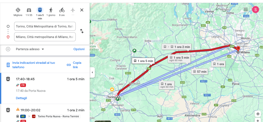 Google Maps Turin to Milan trip