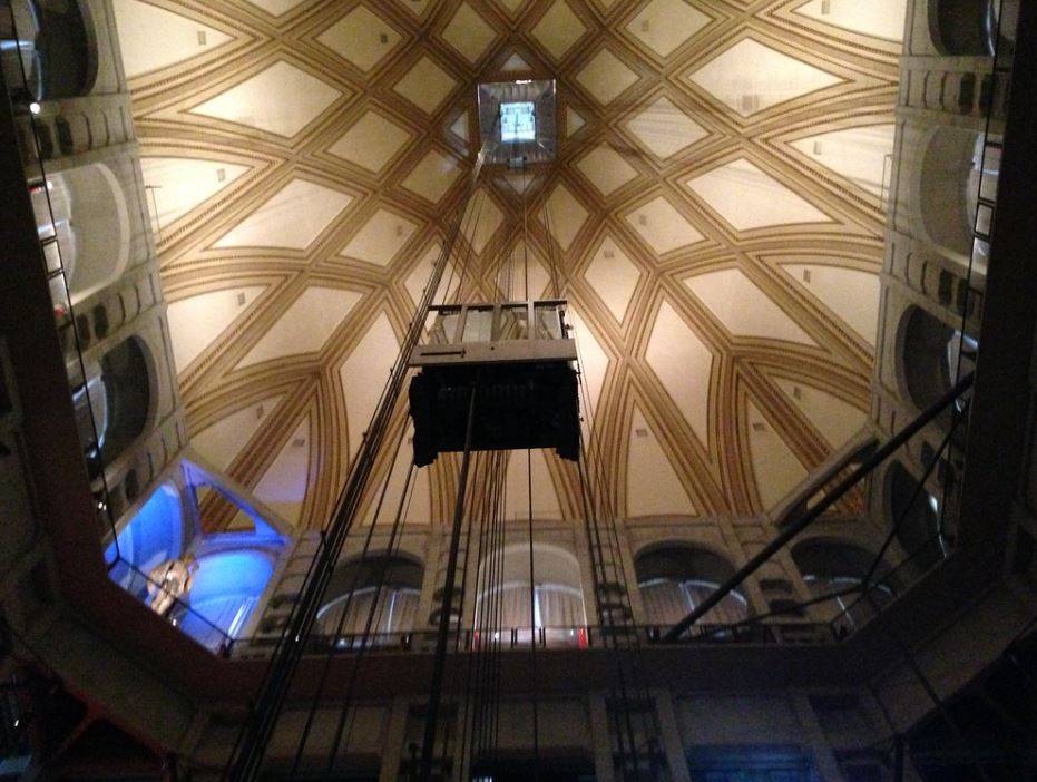 The inside of Turin's Mole Antonelliana cupola and its glass panoramic elevator