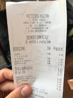 Picture of the receipt after breakfast at Maggiora Bar in Turin