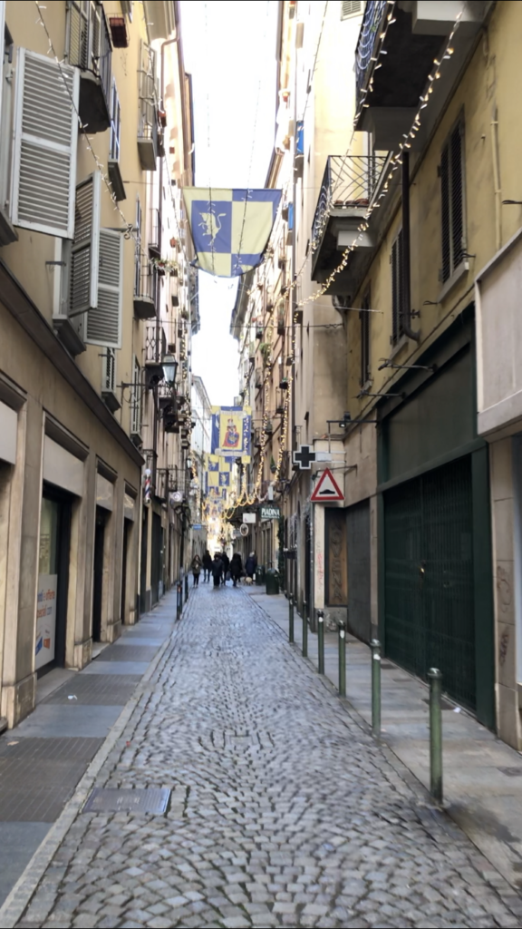Street view of one of the streets of the quadrilatero romano in Turin, near Via Garibaldi