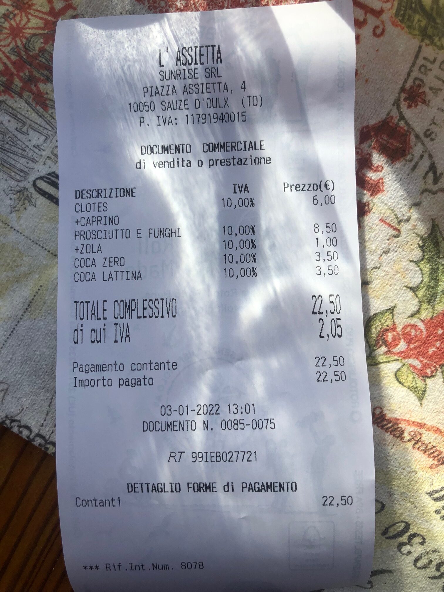 Lunch receipt Assietta restaurant in Sauze d'Oulx