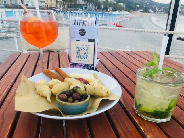 Dish of Aperitivo and cocktails at Sirio in Spotorno