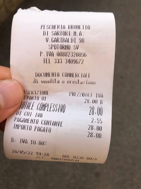 receipt of dinner at Pescheria Brunetto in Spotorno