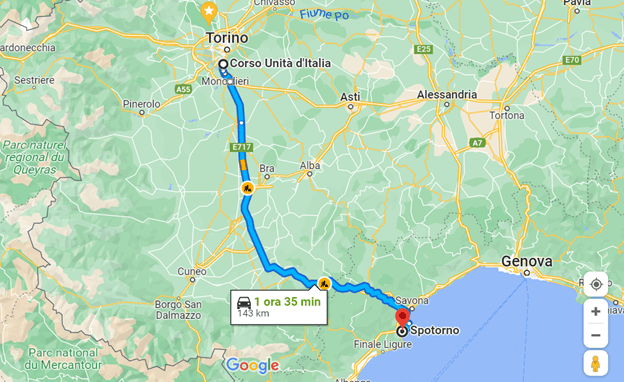 Map itinerary Turin to Spotorno