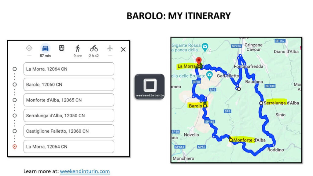 Illustration on a map of the Barolo villages we visited