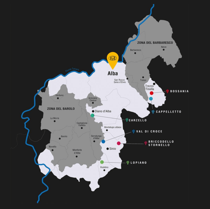 Illustration of langhe region on a map with break down of different wine subregions