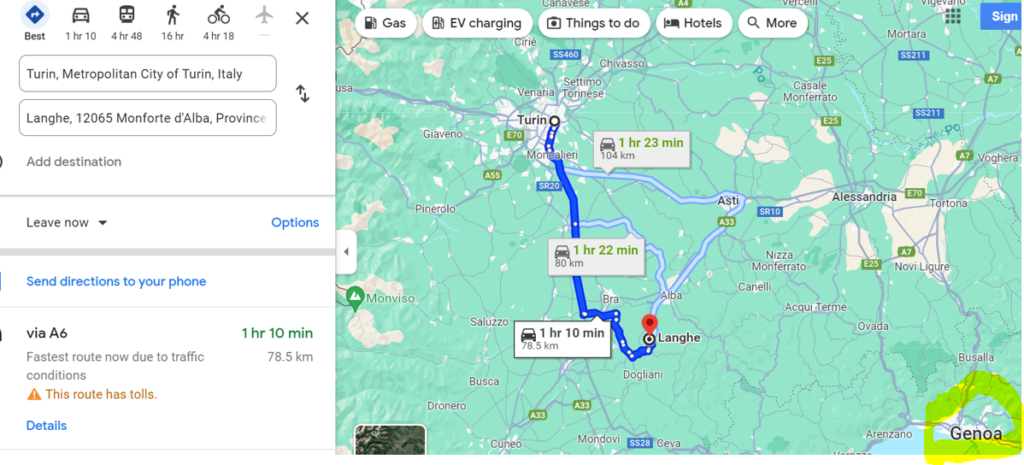 Google maps road Turin to Langhe by car