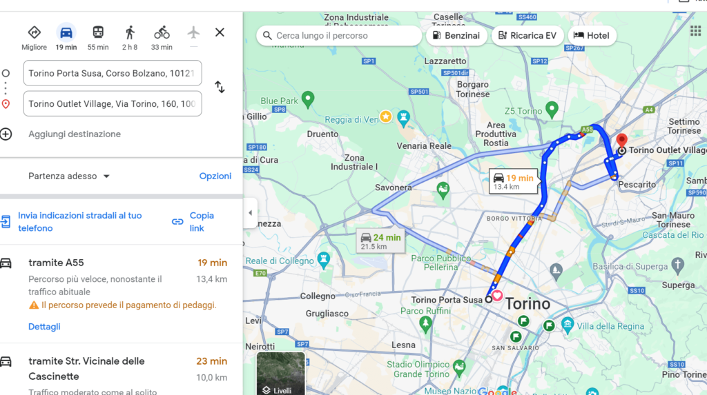 Google-maps-itinerary-Turin-city-center-to-Torino-Outlet-village-by-car