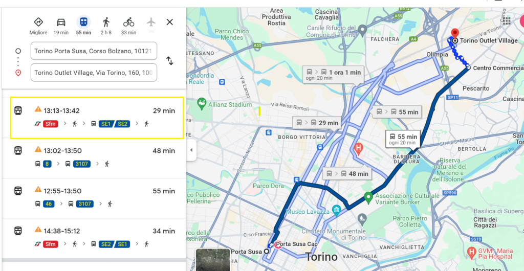 Google-maps-itinerary-Turin-city-center-to-Torino-Outlet-village-by-public-transportation.