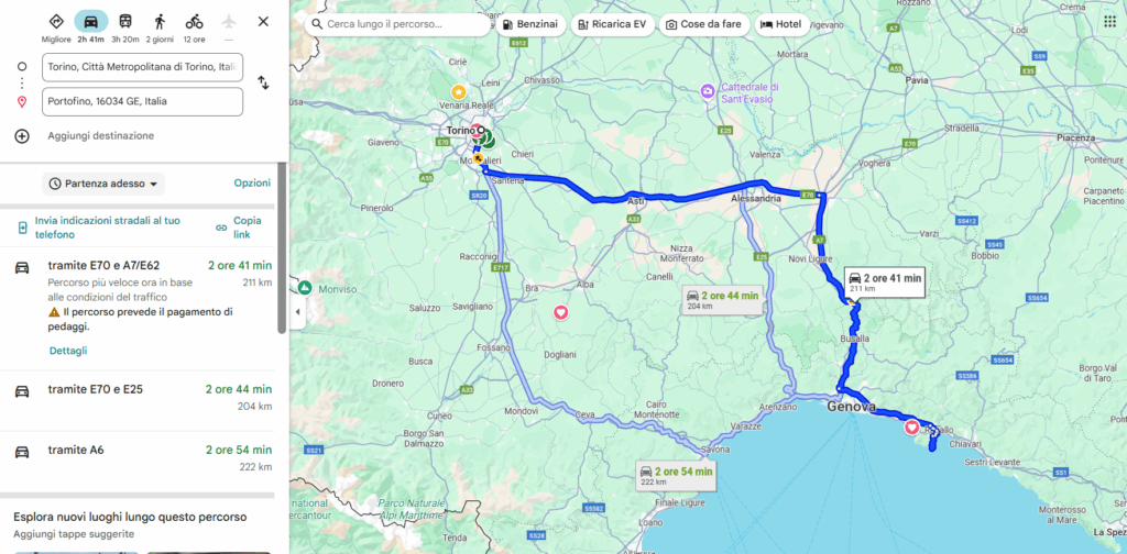 Google maps itinerary by car from Turin to Portofino