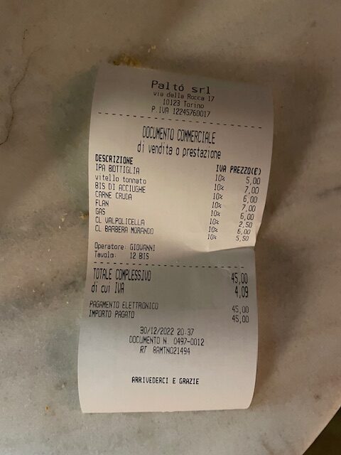 Receipt of aperitivo dinner at Palto restaurant in Turin